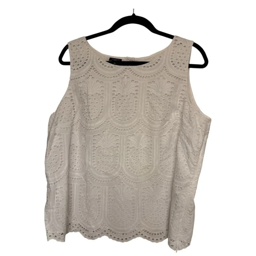 Talbots Womens Sleeveless Tank Top White Eyelet Pineapple Lined Side Zip. Sz XLp